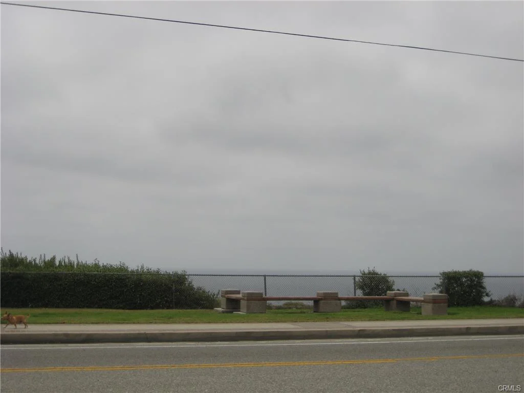 Ocean view with grass, trees, road, and benches