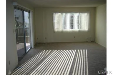 Empty room with carpet floor, large windows with blinds, and shadows on floor.