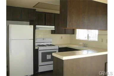 Kitchen with dark cabinets, white fridge, gas stove, and sink under window.