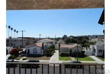 Neighborhood with California real estate house and palm trees.