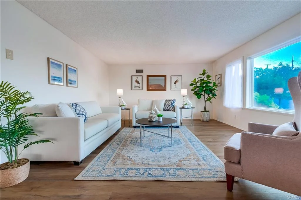 Living room with couch, armchair, coffee table, window, plant, rug, and wall pictures