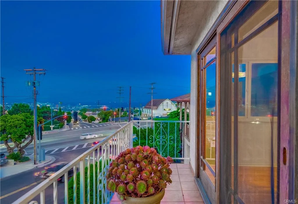 Balcony view with potted plant and streetlights in the distance