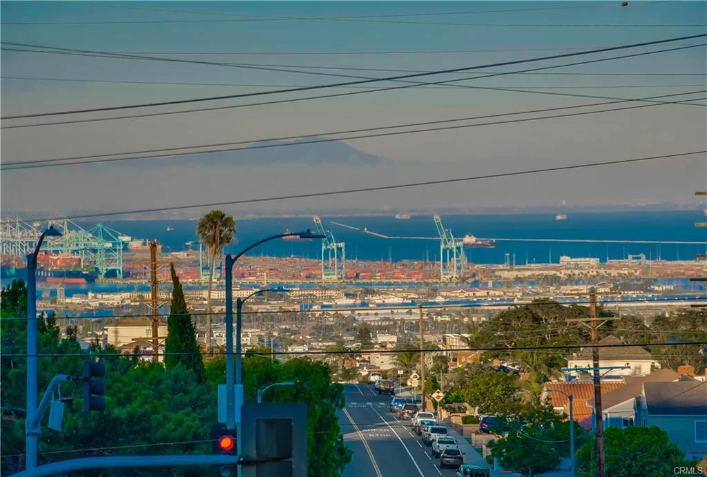Coastal area with shipping containers, cranes, water, power lines, and trees