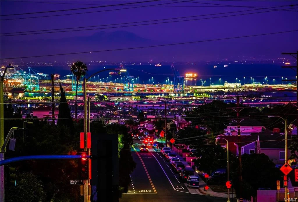 City skyline with lights, palm trees, and parked cars