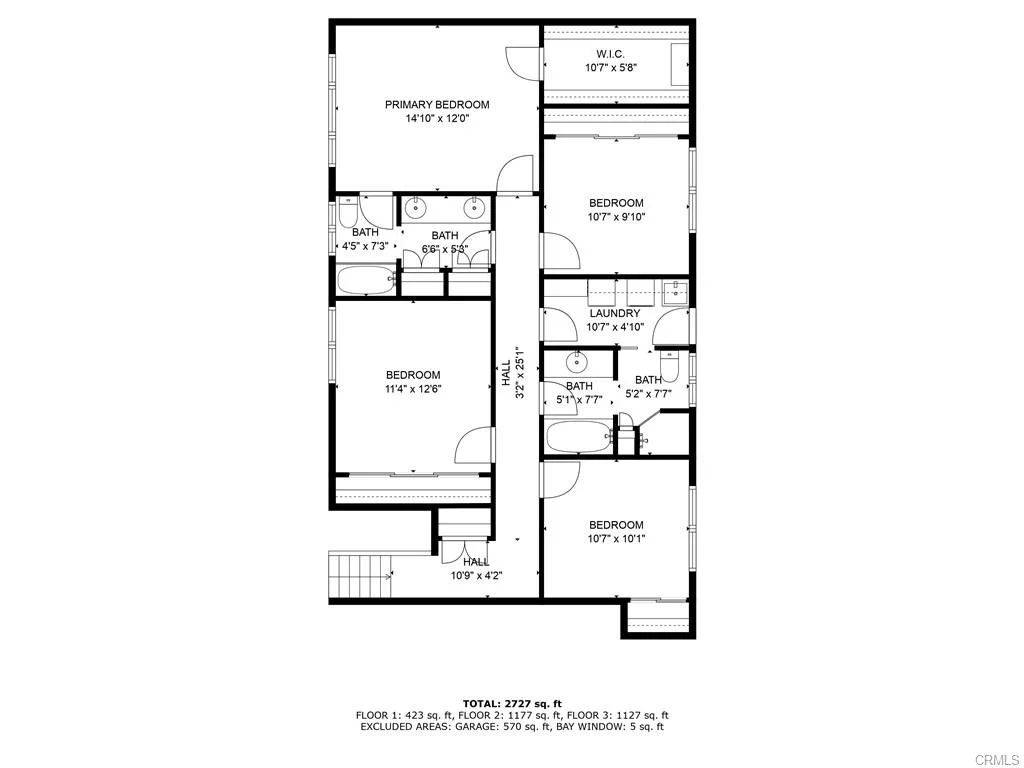 Floor plan of house with bedrooms, bathrooms, laundry room, garage, and layout