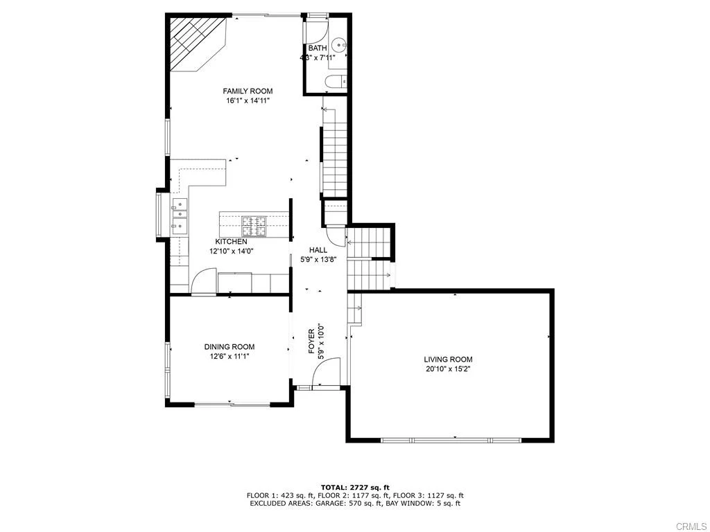 Floor plan of house with three levels, rooms, bedrooms, garage, and total area layout