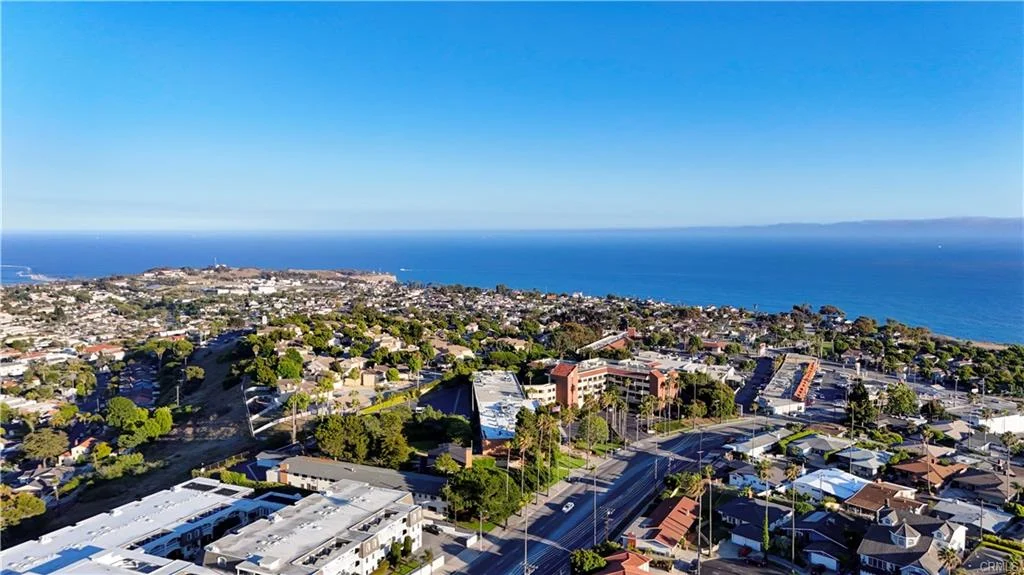 Aerial view of coastal city with houses, roads, and ocean in California real estate