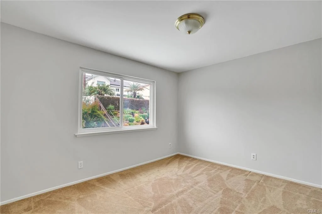Room with light gray walls, beige carpet, and window with greenery outside.