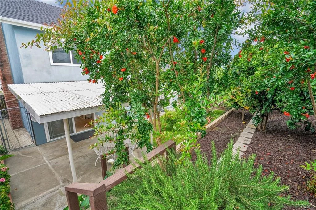 Garden with fruit trees, small pathway, and structure in background.