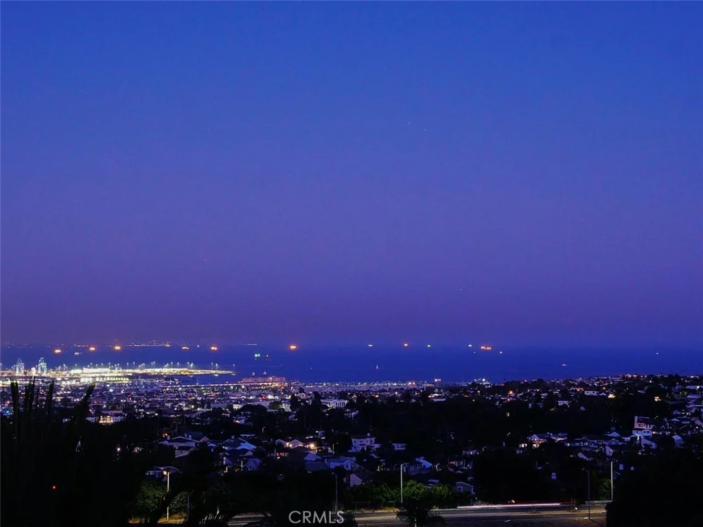 Coastal city view with lights and cargo ships on the horizon