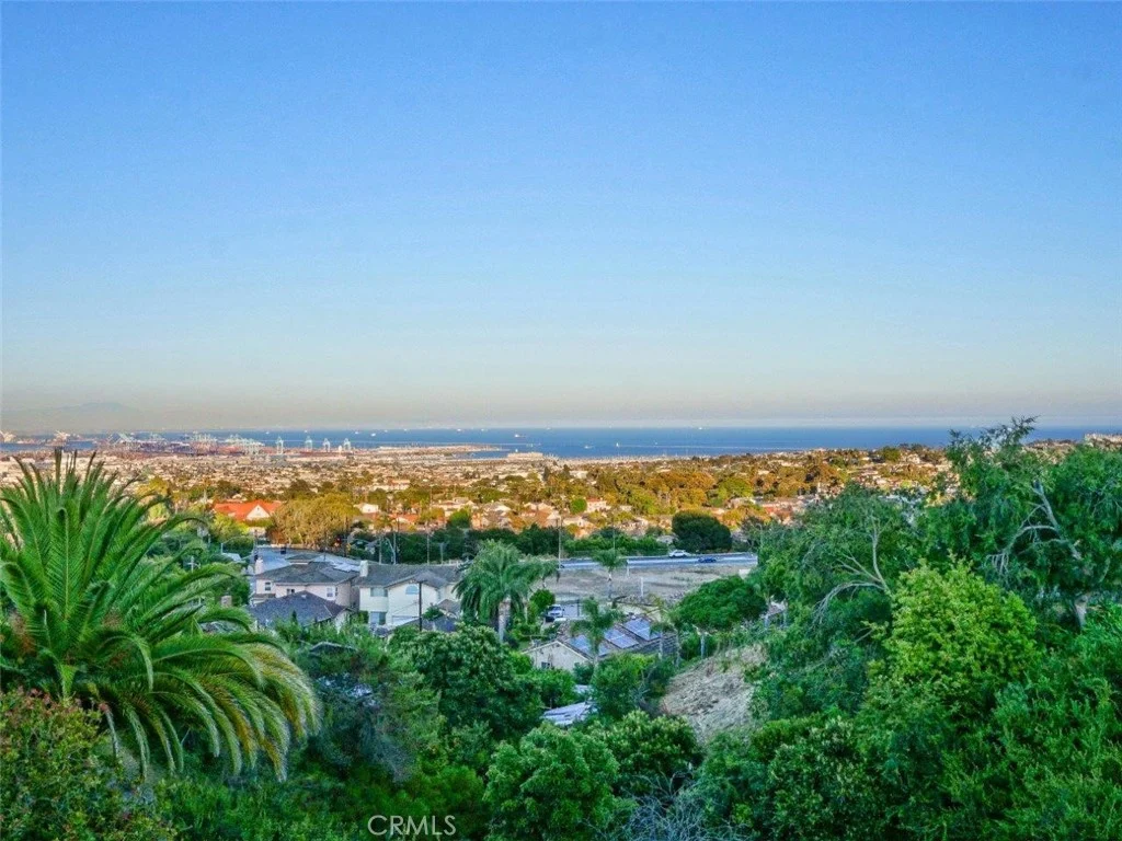 Coastal landscape with ocean, blue sky, distant city, and green plants in front