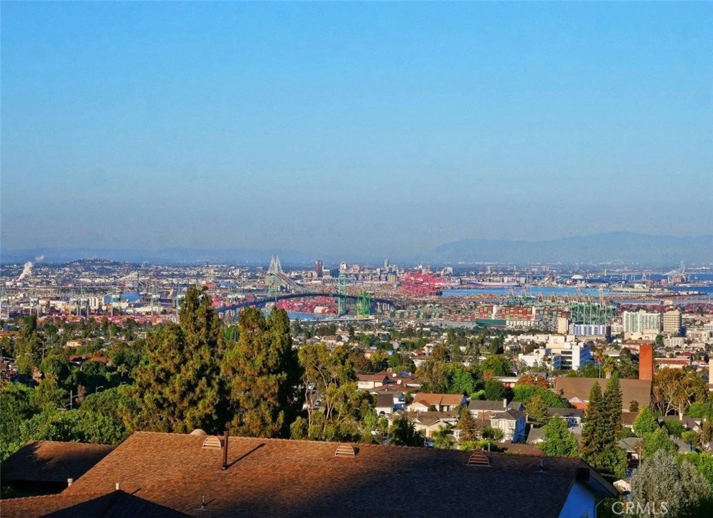 City skyline with tall buildings, trees in front, and blue sky in the background