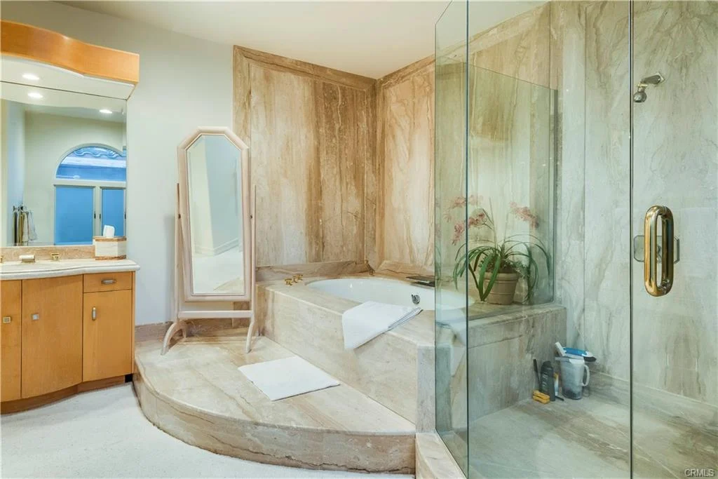 A bathroom with a bathtub, shower, vanity, and plant.