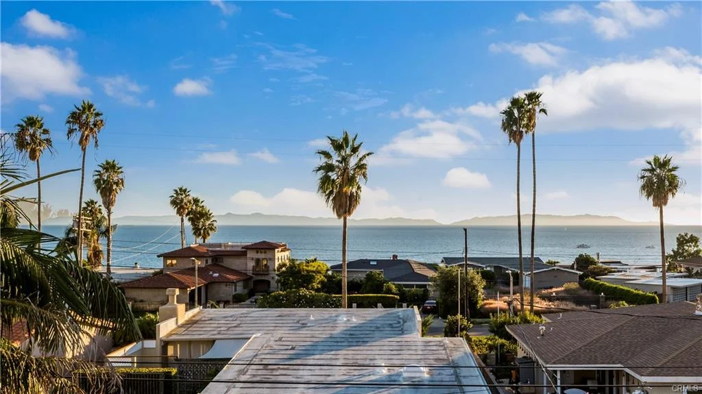 A house with palm trees, rooftops, and ocean