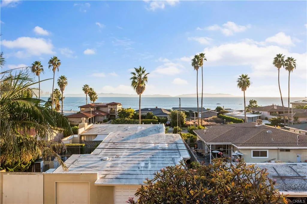 A house with palm trees and rooftops, real estate.