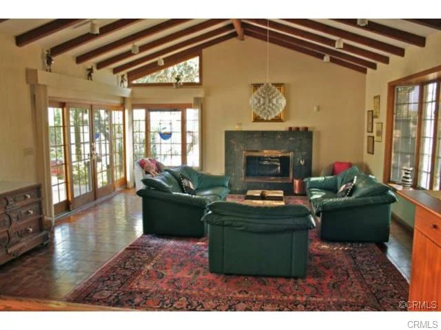Living room with two green sofas, a coffee table, a stone fireplace, and a decorative rug on a wood floor.