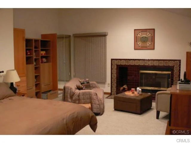 Large room with a bed, couch, armchair, coffee table, fireplace, wooden shelving, and curtains.