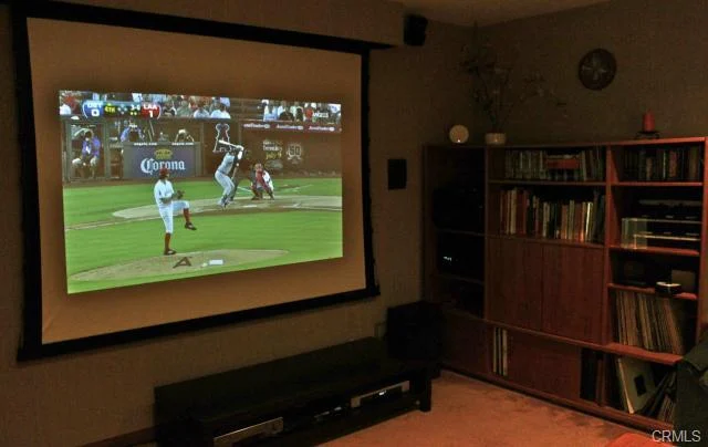 Room with a projected baseball game, a bookcase, and shelving units.