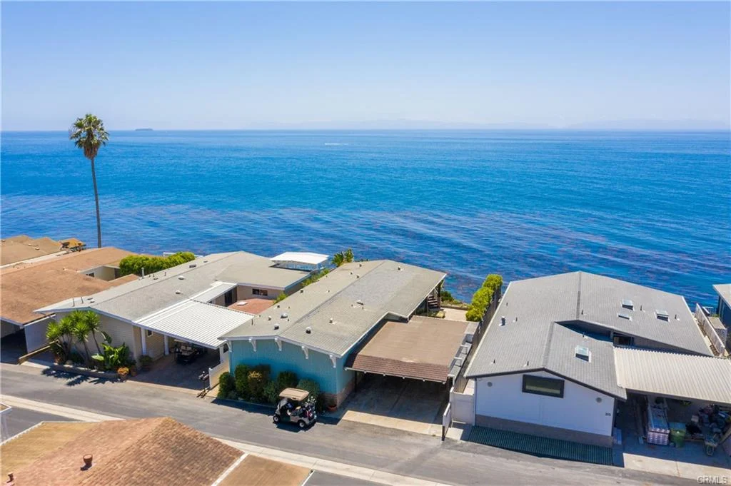 Aerial view of houses by ocean with palm trees