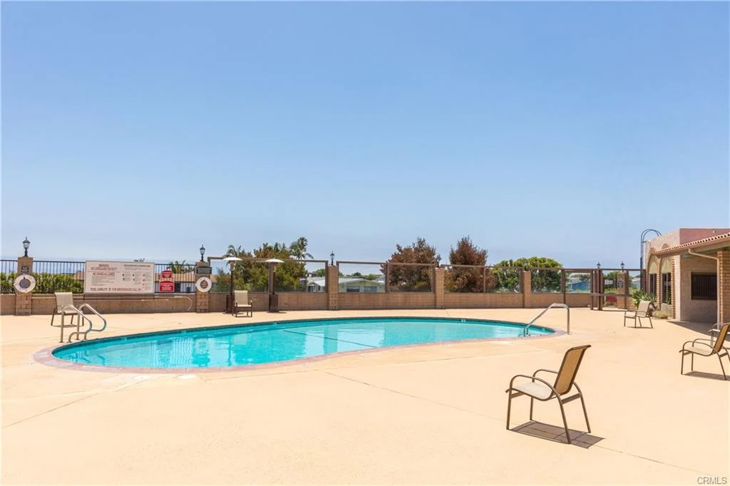 Swimming pool with chairs and green plants around the concrete area