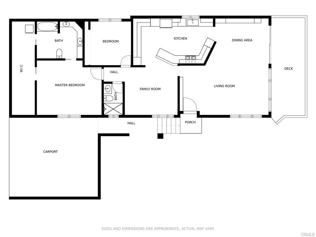 Floor plan of a house with bedroom, bathroom, kitchen, living room, and carport layout