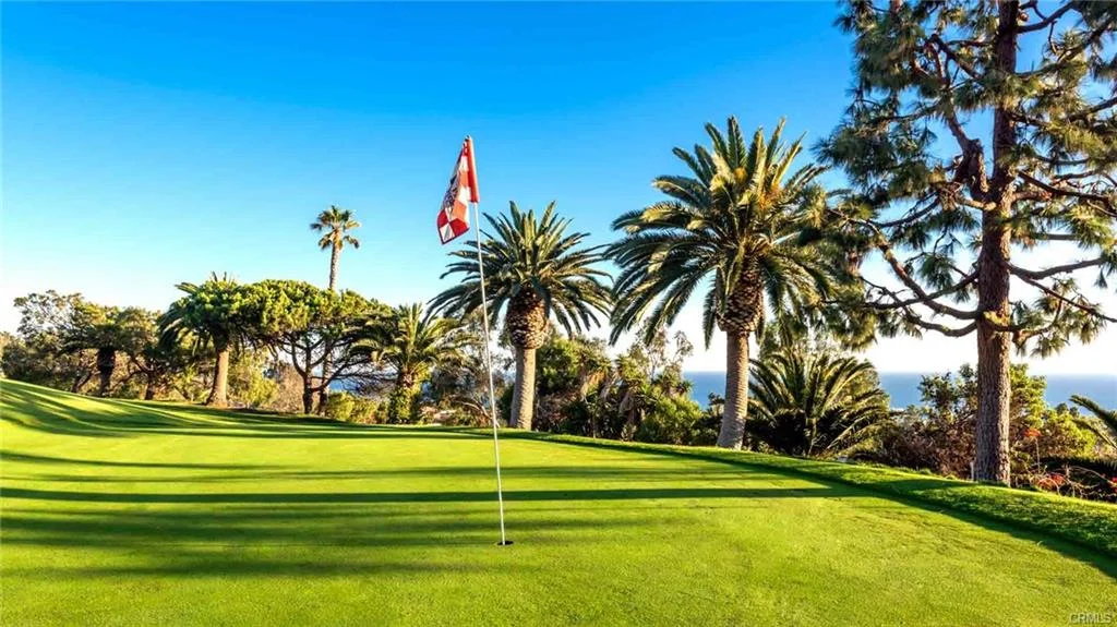 Golf course with grass, palm trees, flag, and ocean