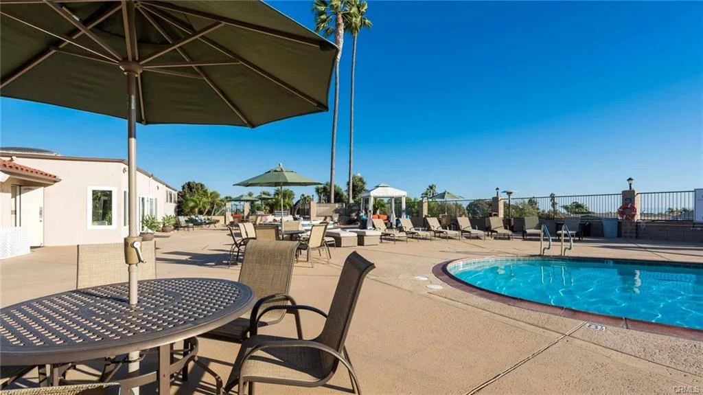 Pool area with chairs, umbrellas, and palm trees