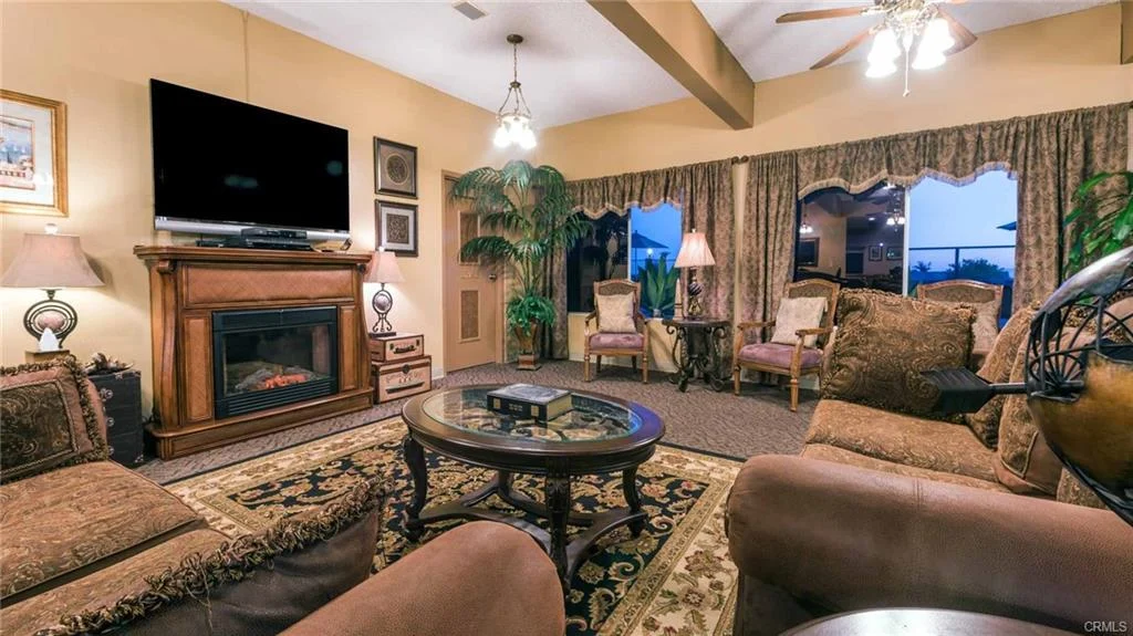 Living room with fireplace, chairs, TV, curtains, and plants