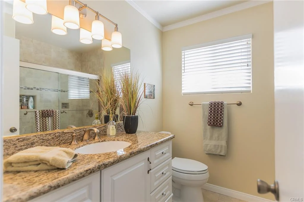 Bathroom with granite countertop, sink, mirror, plants, and toilet.