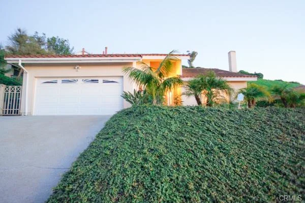 California real estate house, a garage, palm trees, and a grassy hillside.