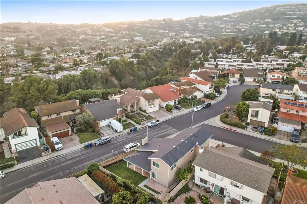 Aerial view of a suburban neighborhood featuring various houses, trees, and a street lined with parked cars.