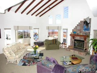 Living room with high ceiling, beams, windows, fireplace, seating, plants, and rugs