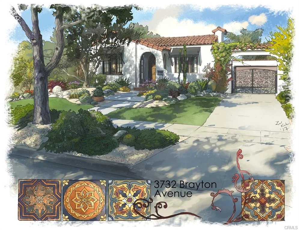 Illustration of house in California real estate with white walls, red roof, plants, and address text