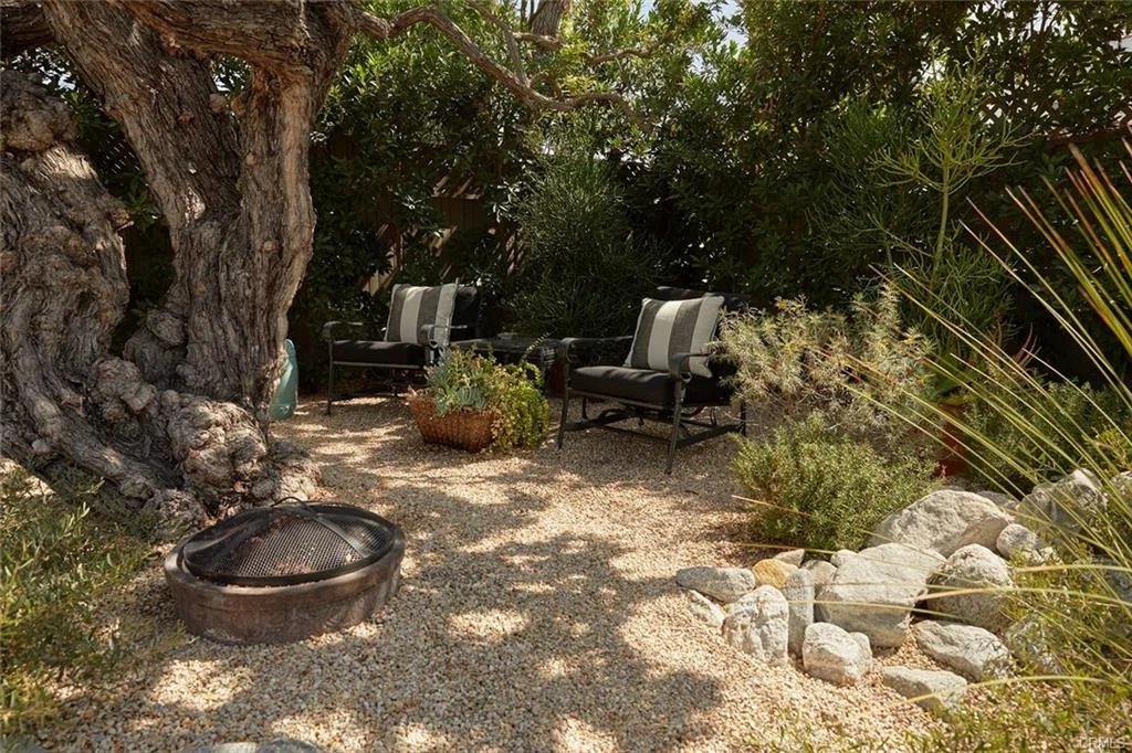 Garden with chairs, cushions, rocks, plants, and fireplace