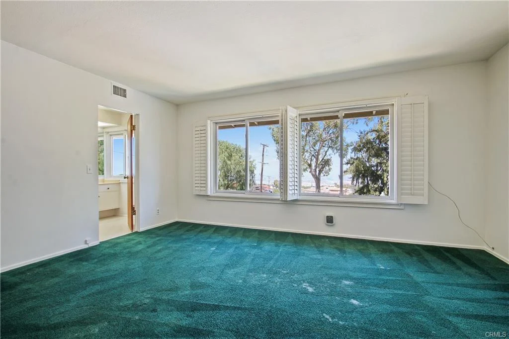Room with green carpet, white walls, windows, and doorway.