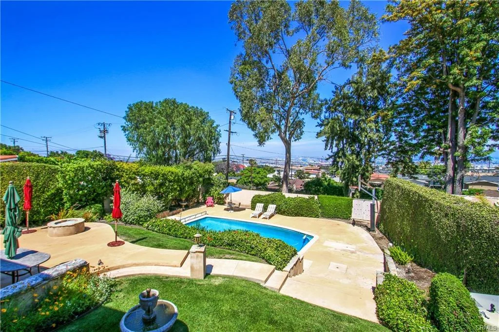 Backyard with swimming pool, patio, and plants.