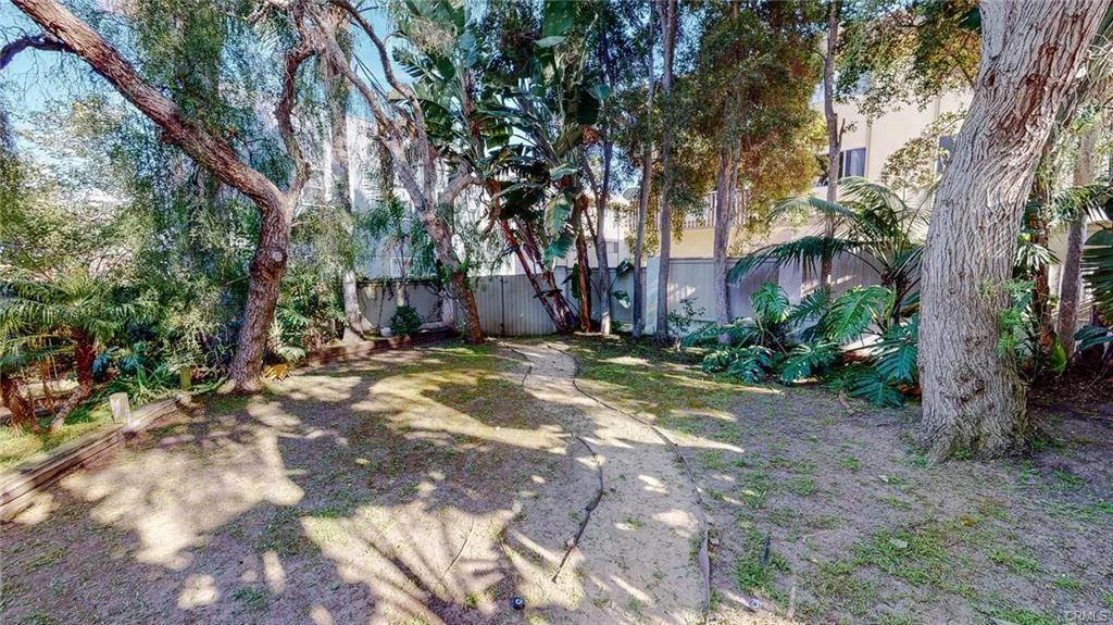 Backyard with trees, plants, and peaceful outdoor space