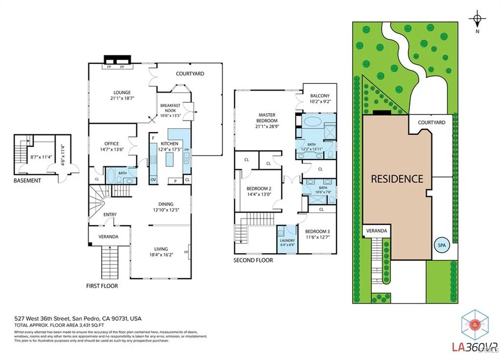 Floor plan of residence with courtyard, office, bedrooms, and multiple rooms