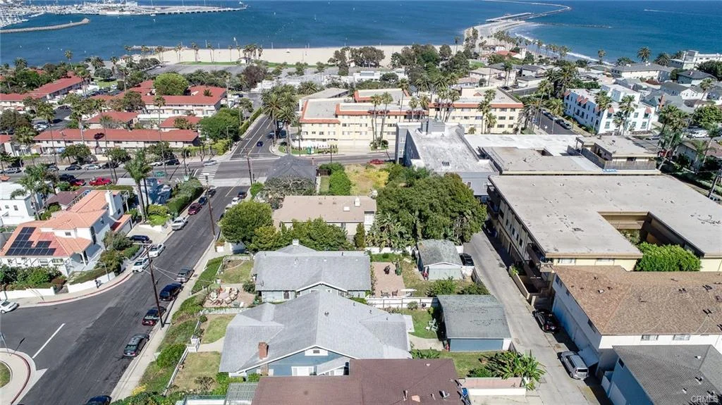 Coastal neighborhood with houses, palm trees, and ocean nearby