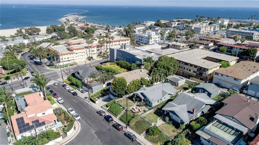 Coastal neighborhood with houses, palm trees, and beach view