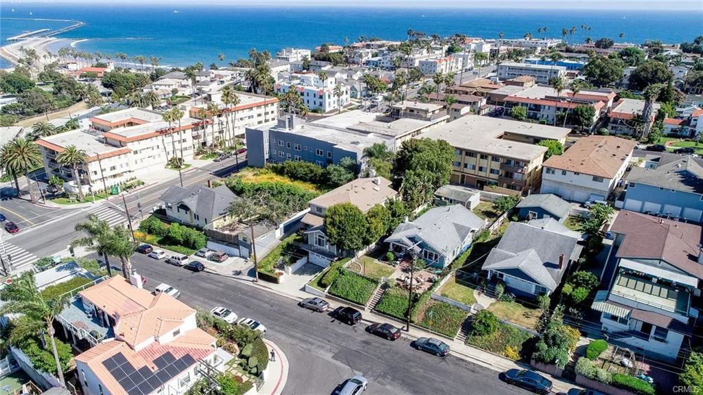 Coastal neighborhood with houses, palm trees, and ocean view