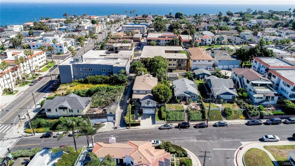 Residential area with houses, palm trees, and ocean view
