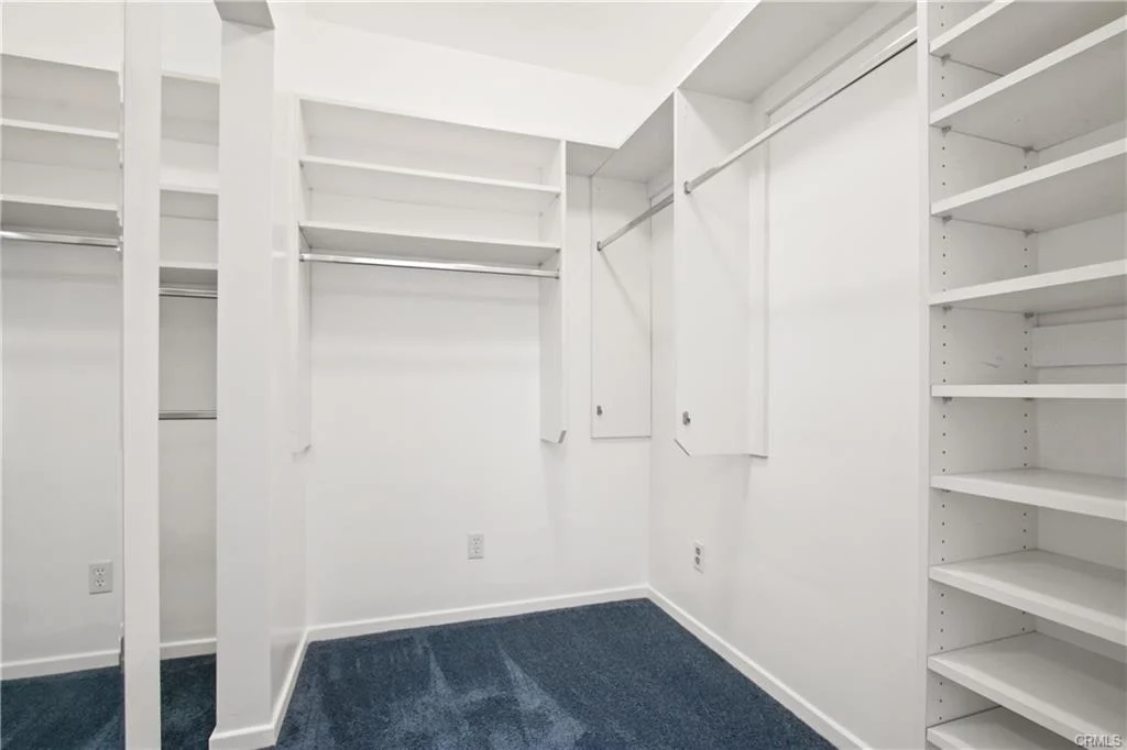 Empty white closet with blue carpet.