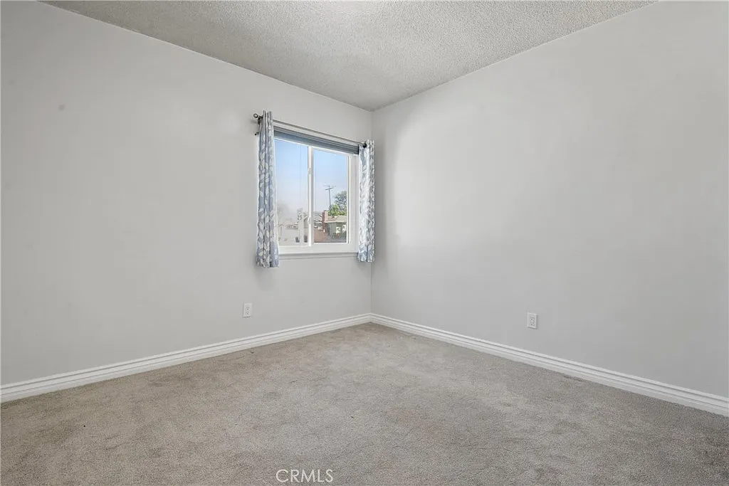 Empty room with grey walls, carpet, and a window with sheer curtains.