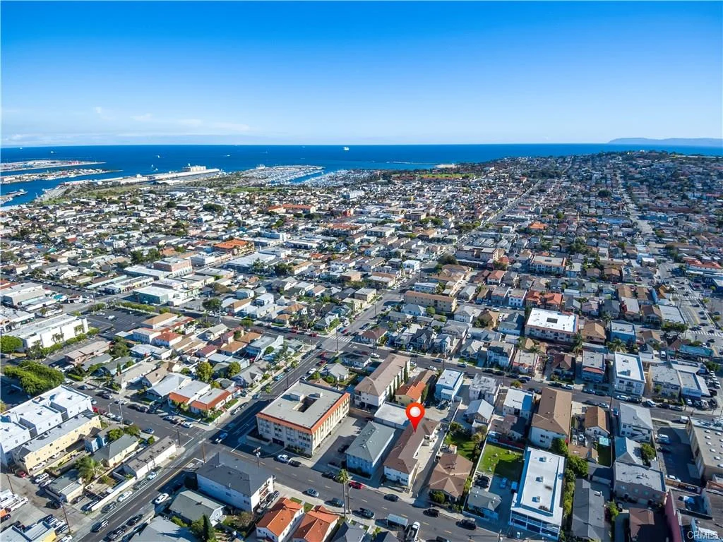 Aerial view of city with houses and harbor