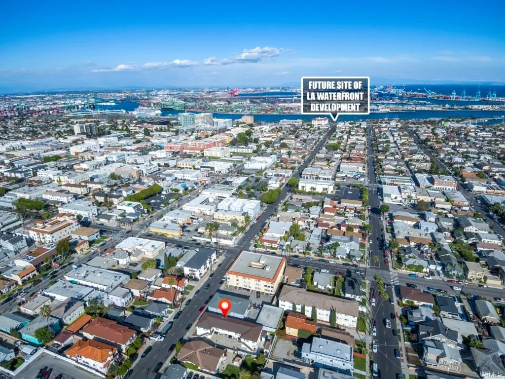 Aerial view of city with marked future LA waterfront site