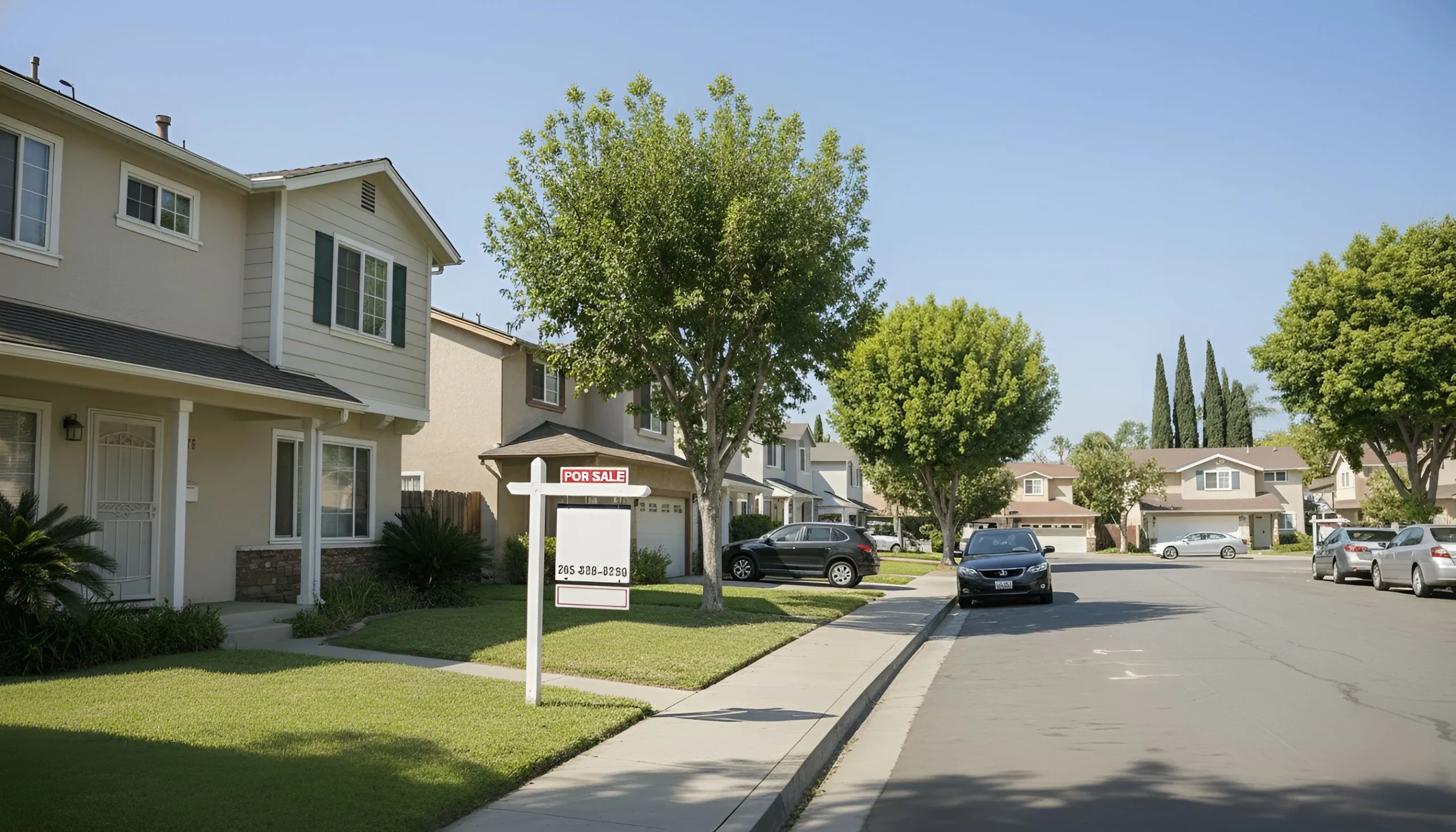House California real estate with for rent sign on quiet street with parked cars