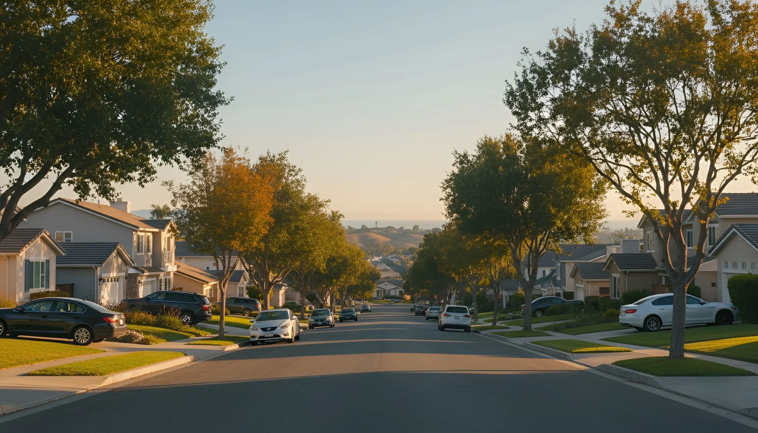 Houses California real estate on quiet street with trees and parked cars