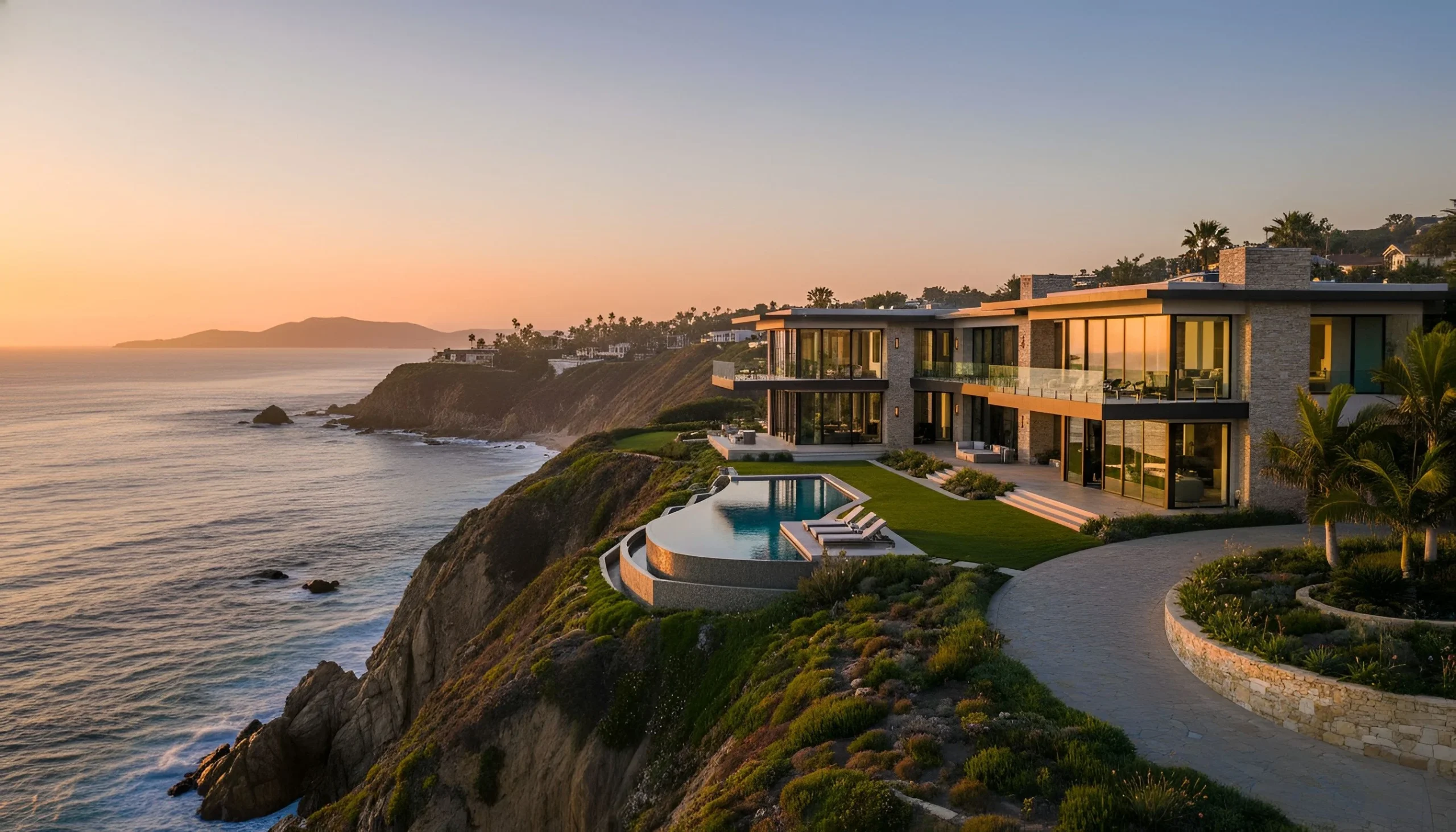 Luxury house California real estate on cliff with ocean view, large glass windows, pool, and palm trees