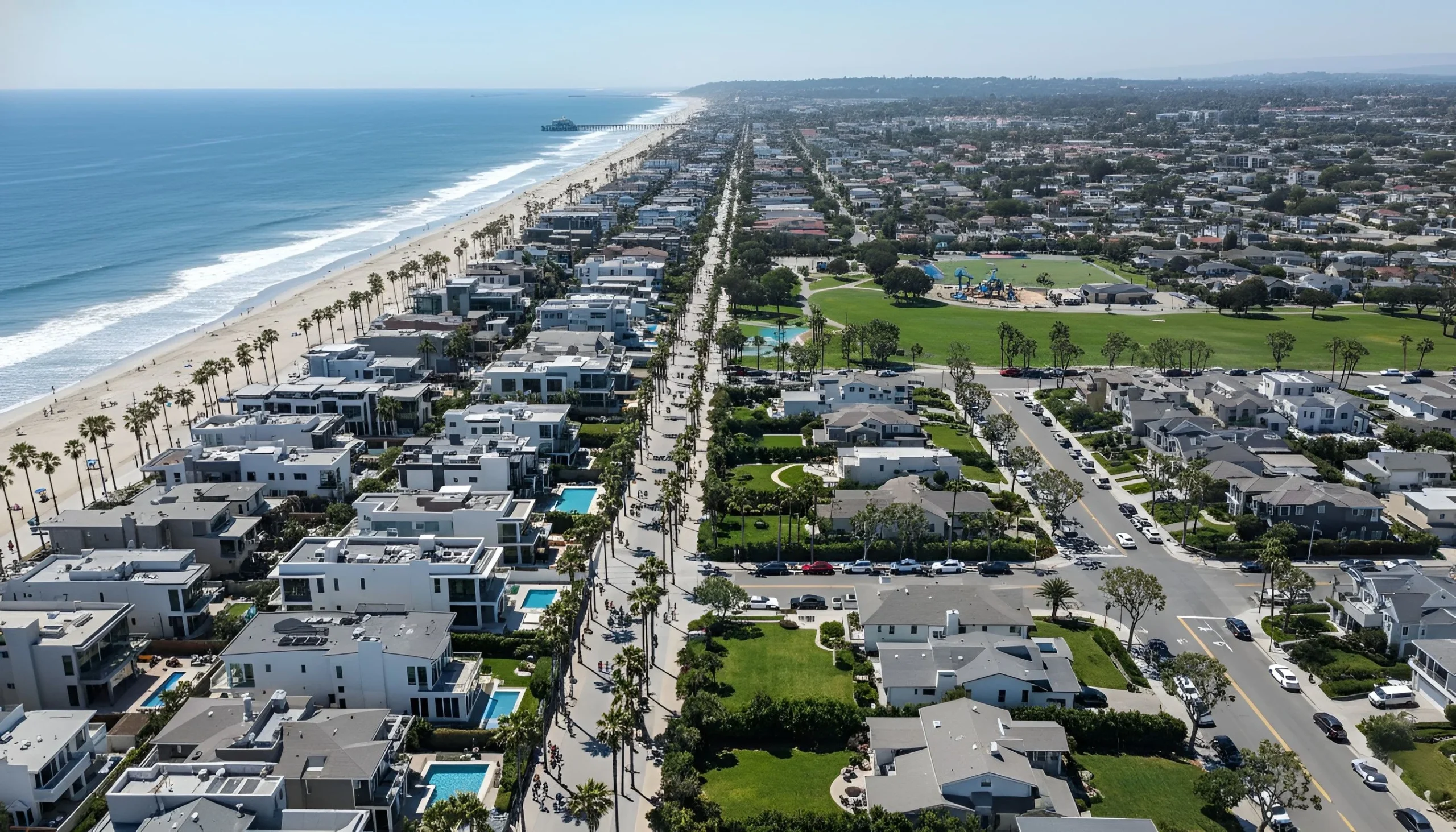Beachfront houses California real estate with palm trees and beach in background